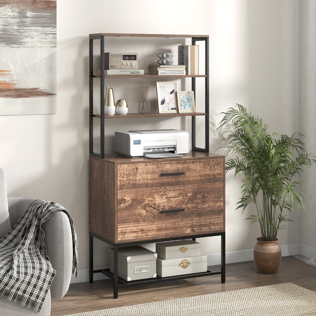 Archivador Vertical Soporte para Impresora con Estantes Cajón Compatible con Tamaño Carta A4 Legal para Oficina Marrón