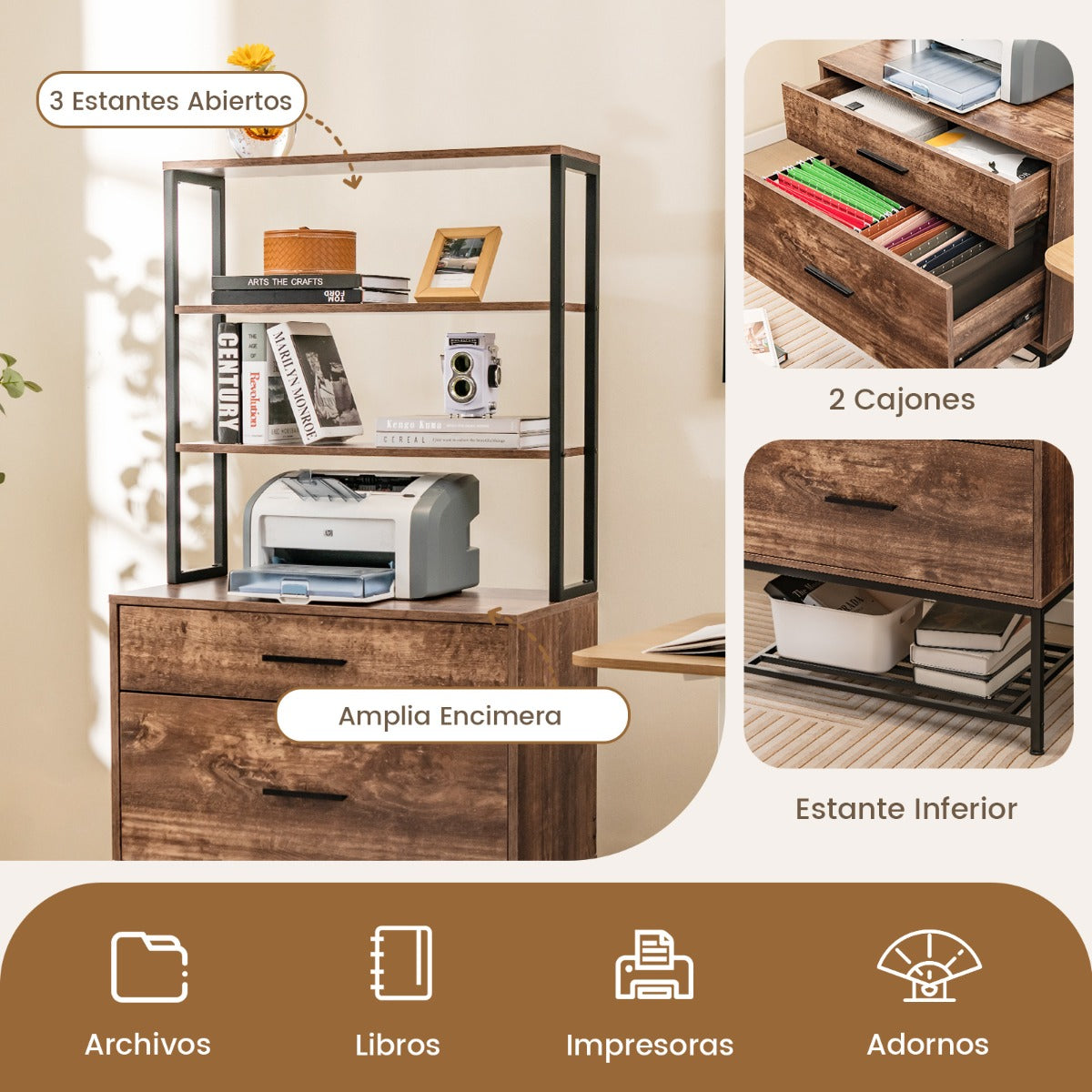 Archivador Vertical Soporte para Impresora con Estantes Cajón Compatible con Tamaño Carta A4 Legal para Oficina Marrón