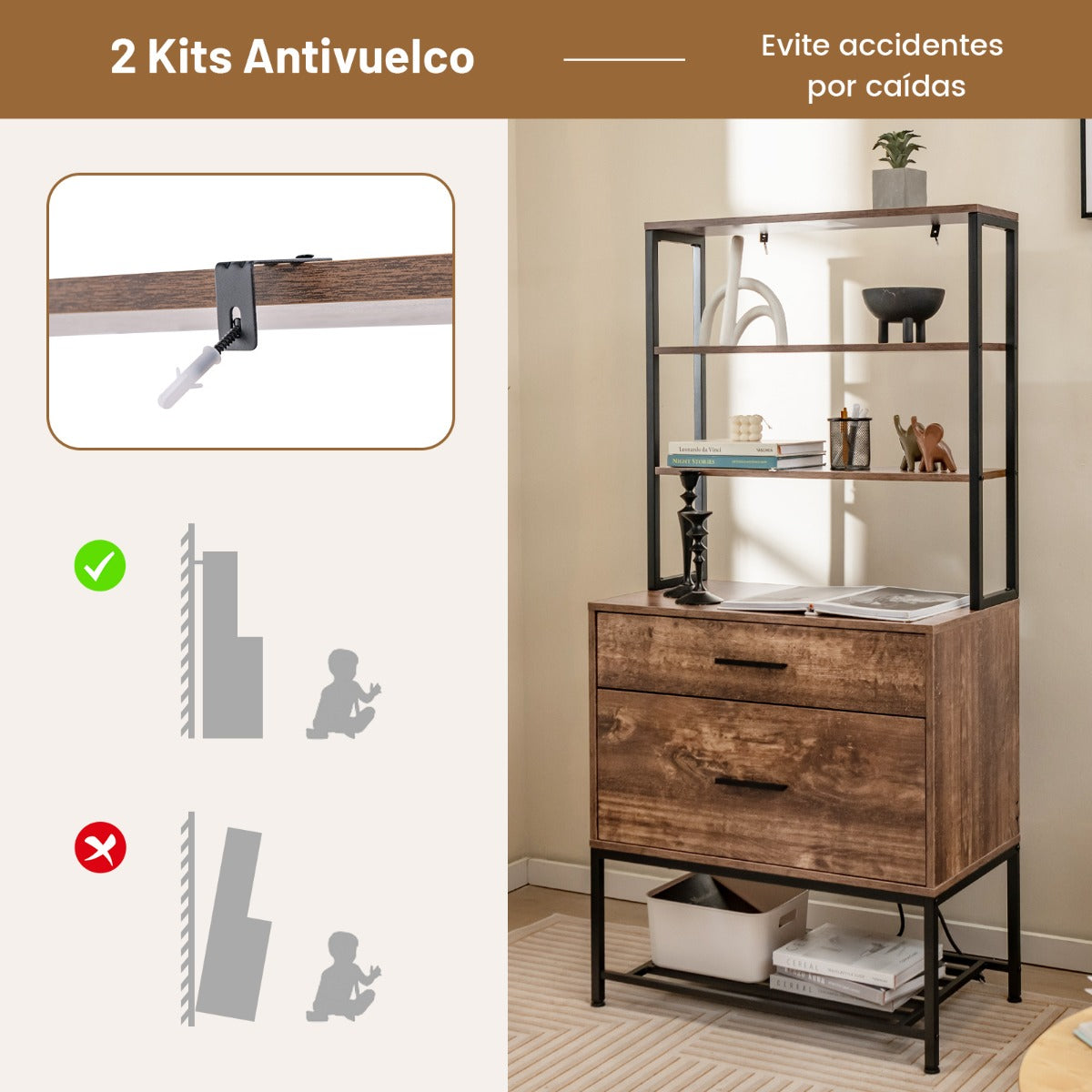 Archivador Vertical Soporte para Impresora con Estantes Cajón Compatible con Tamaño Carta A4 Legal para Oficina Marrón