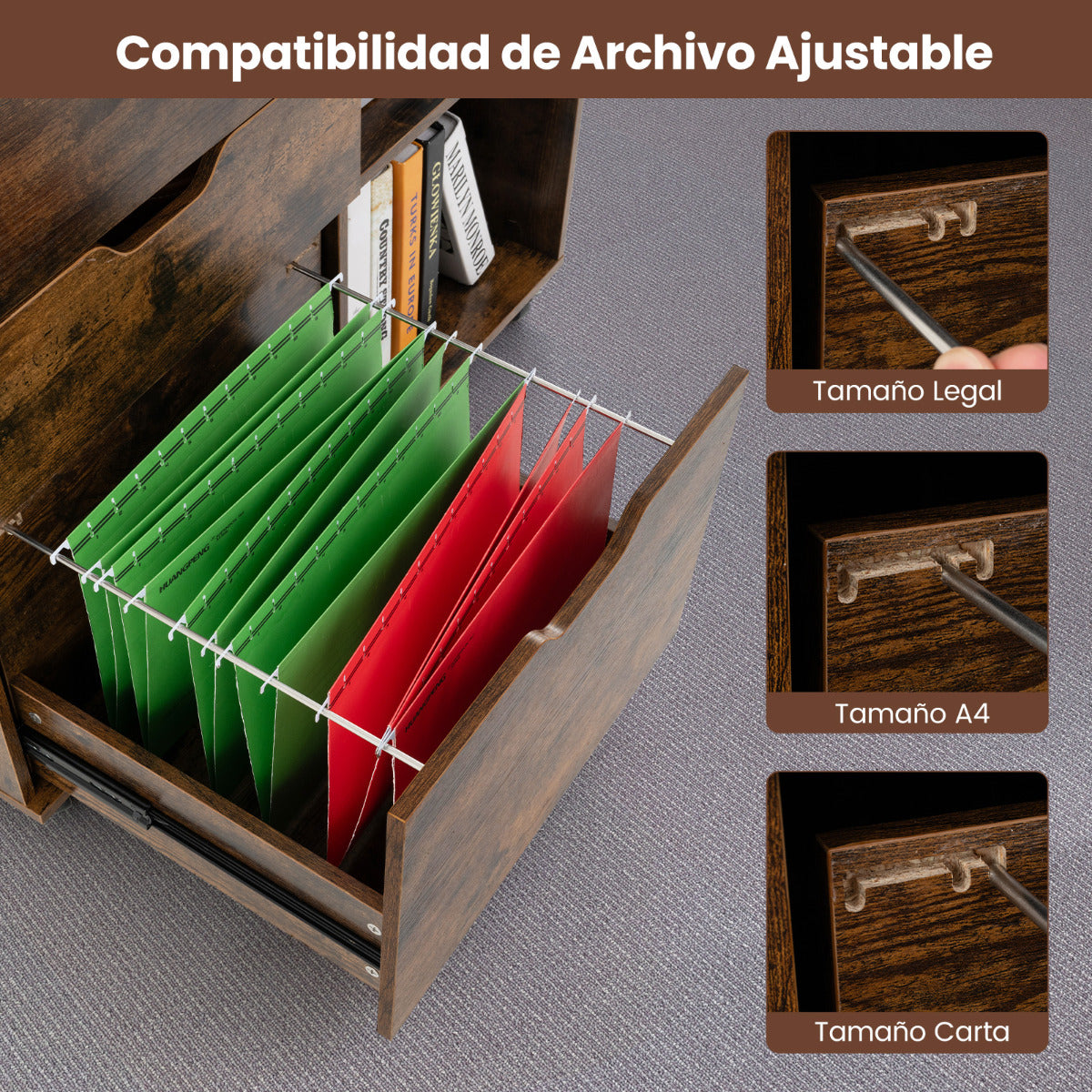 Archivador de 3 Cajones Gabinete de Soporte para Impresora con Estante Ajustable Ruedas para Carta A4 Tamaño Legal para Oficina Casa Marrón