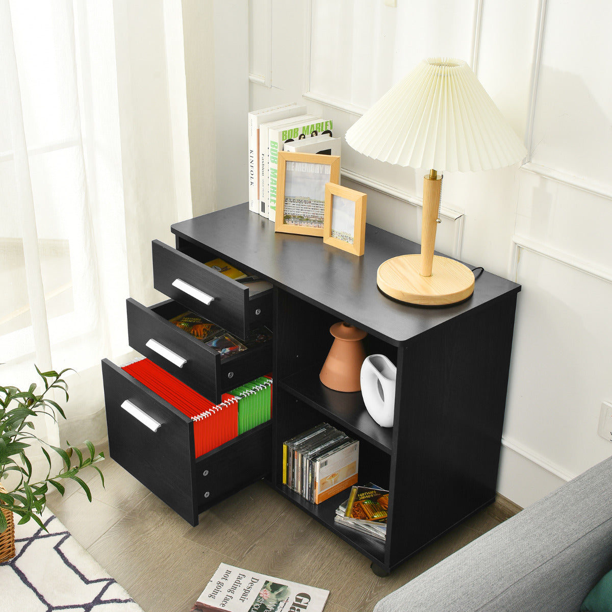 Archivador Móvil de 3 Cajones y Estantes Armario de Archivo Lateral con Ruedas Soporte de Impresora para Oficina Casa 81 x 41 x 66 cm Negro