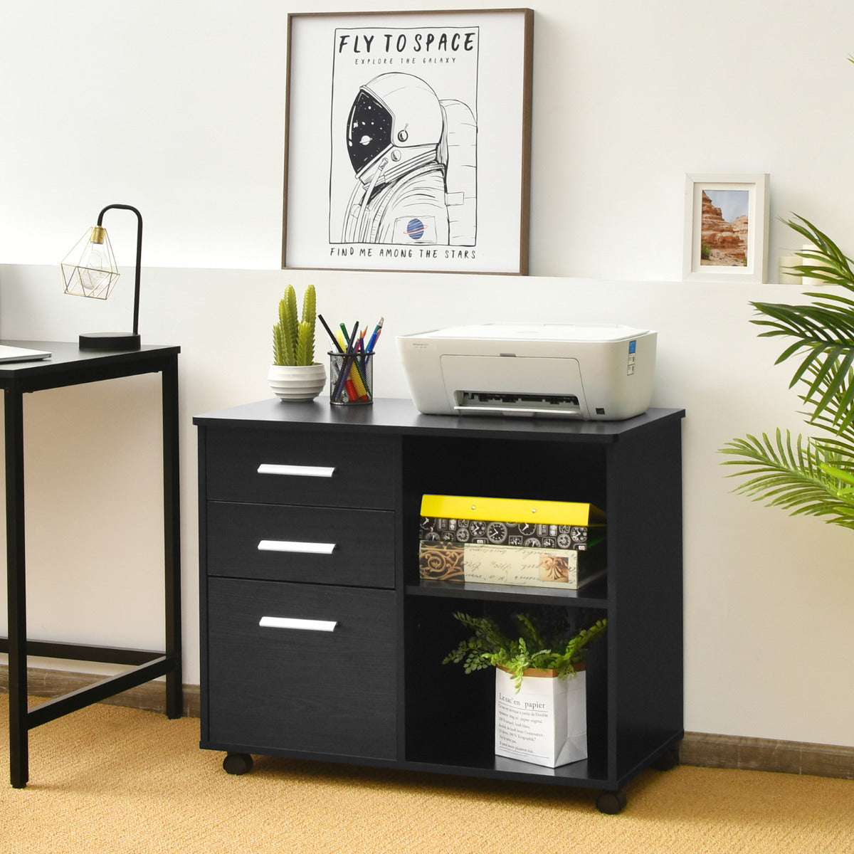 Archivador Móvil de 3 Cajones y Estantes Armario de Archivo Lateral con Ruedas Soporte de Impresora para Oficina Casa 81 x 41 x 66 cm Negro