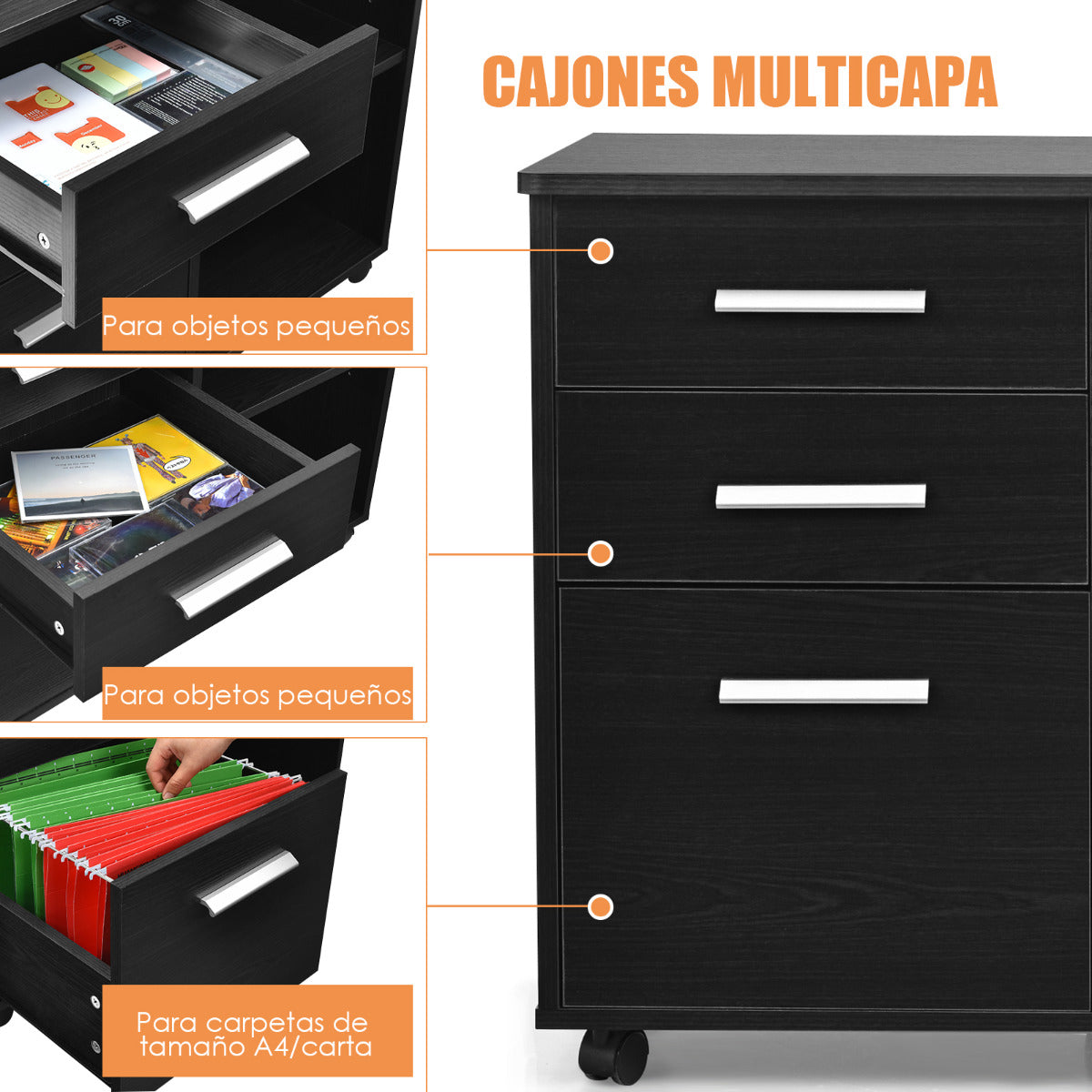 Archivador Móvil de 3 Cajones y Estantes Armario de Archivo Lateral con Ruedas Soporte de Impresora para Oficina Casa 81 x 41 x 66 cm Negro