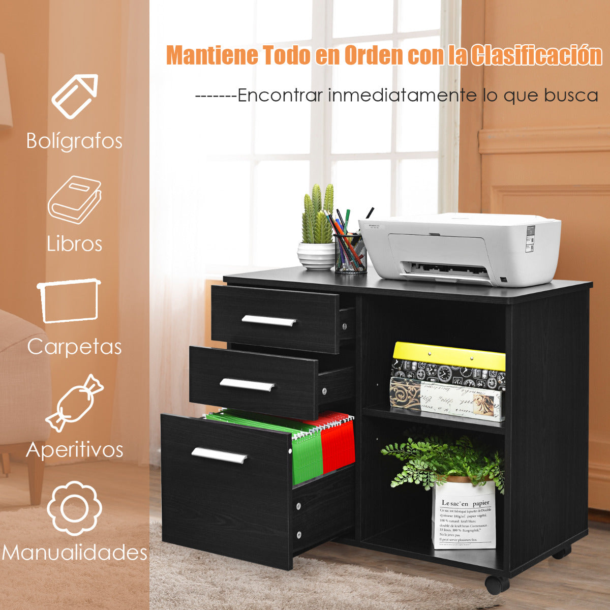 Archivador Móvil de 3 Cajones y Estantes Armario de Archivo Lateral con Ruedas Soporte de Impresora para Oficina Casa 81 x 41 x 66 cm Negro