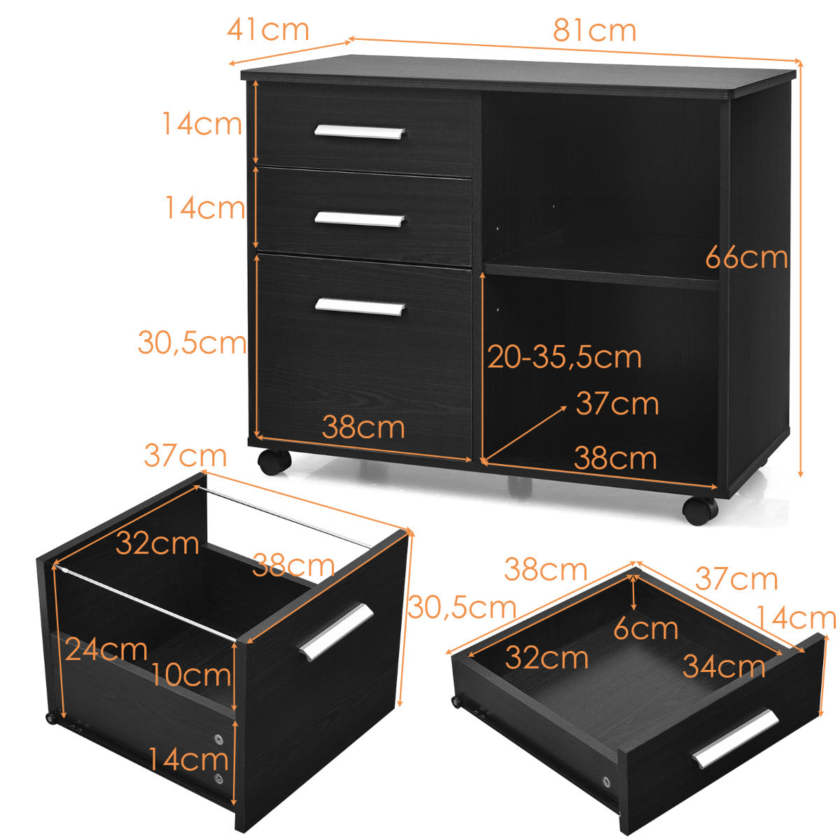 Archivador Móvil de 3 Cajones y Estantes Armario de Archivo Lateral con Ruedas Soporte de Impresora para Oficina Casa 81 x 41 x 66 cm Negro