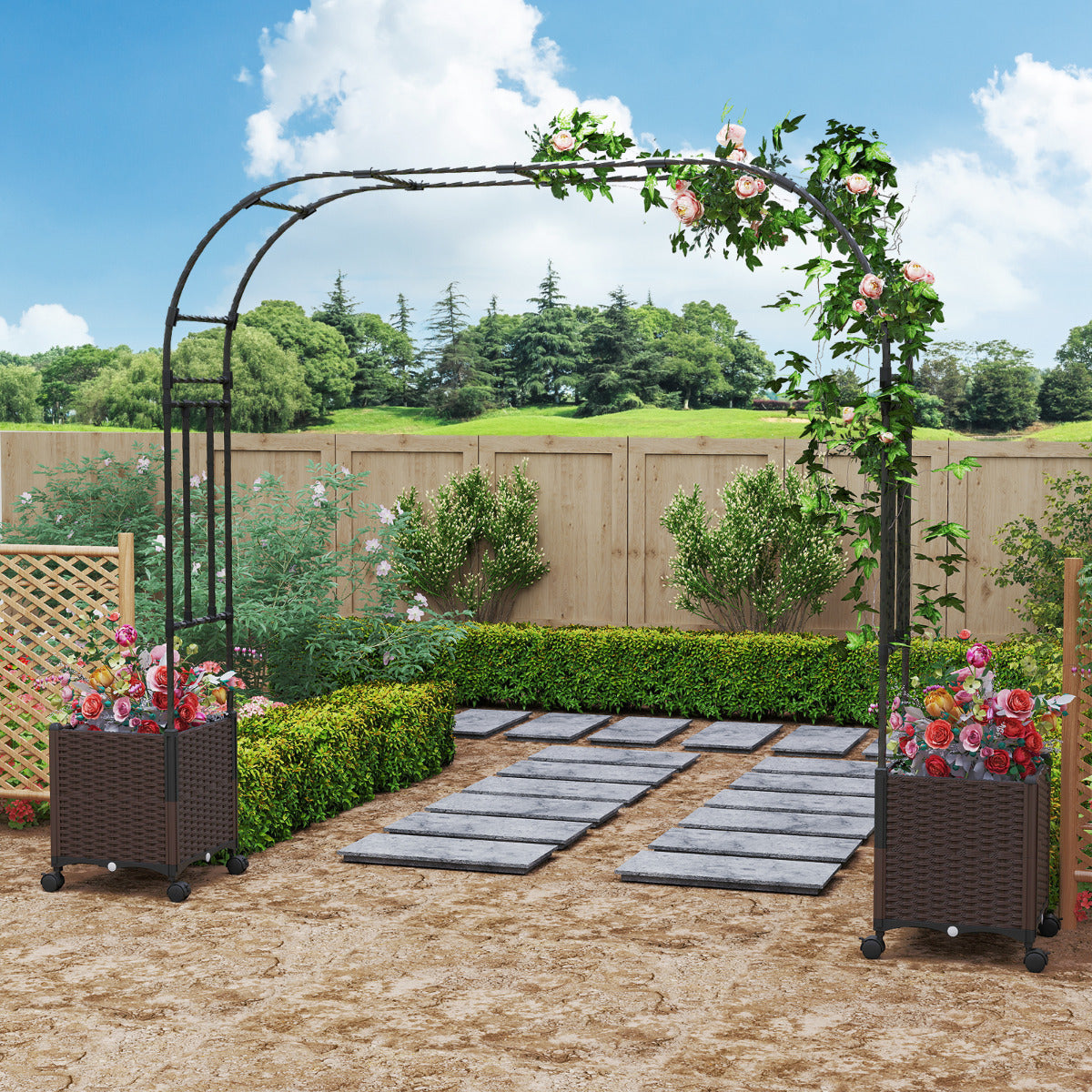 Arco de Jardín de 288 cm con 2 Cajas de Plantas Pérgola Exterior para Plantas Trepadoras con Sistema de Autoriego Agujeros de Drenaje