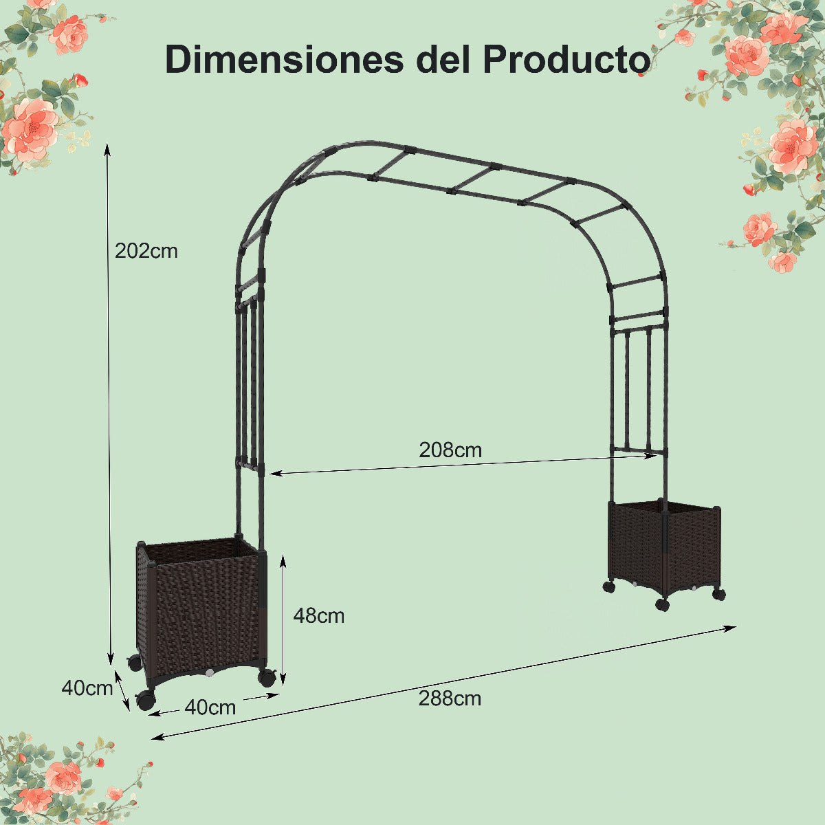 Arco de Jardín de 288 cm con 2 Cajas de Plantas Pérgola Exterior para Plantas Trepadoras con Sistema de Autoriego Agujeros de Drenaje