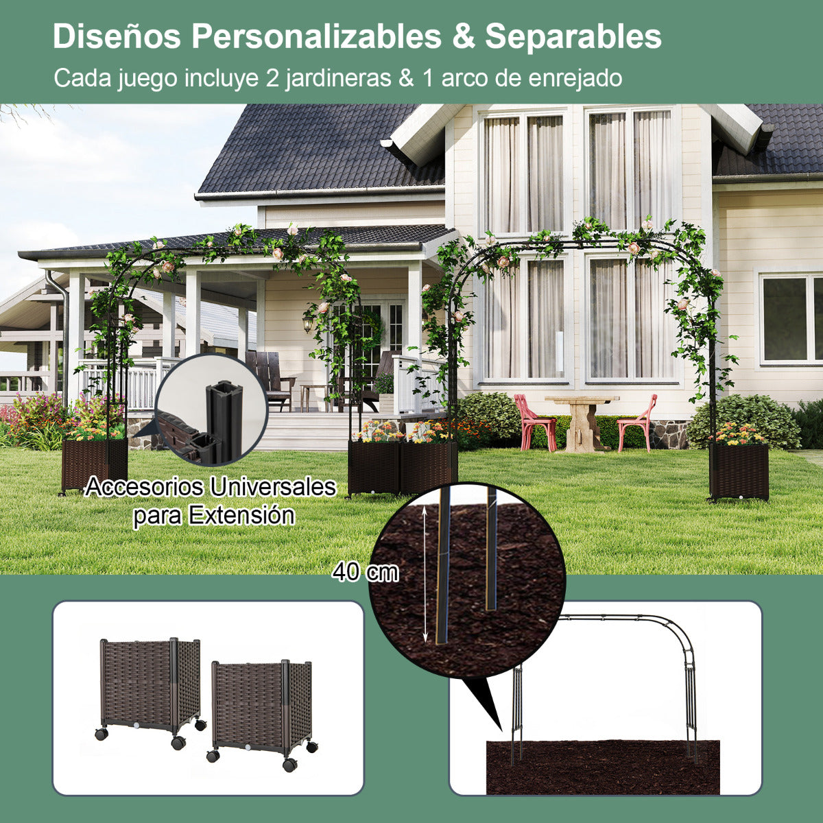 Arco de Jardín de 288 cm con 2 Cajas de Plantas Pérgola Exterior para Plantas Trepadoras con Sistema de Autoriego Agujeros de Drenaje