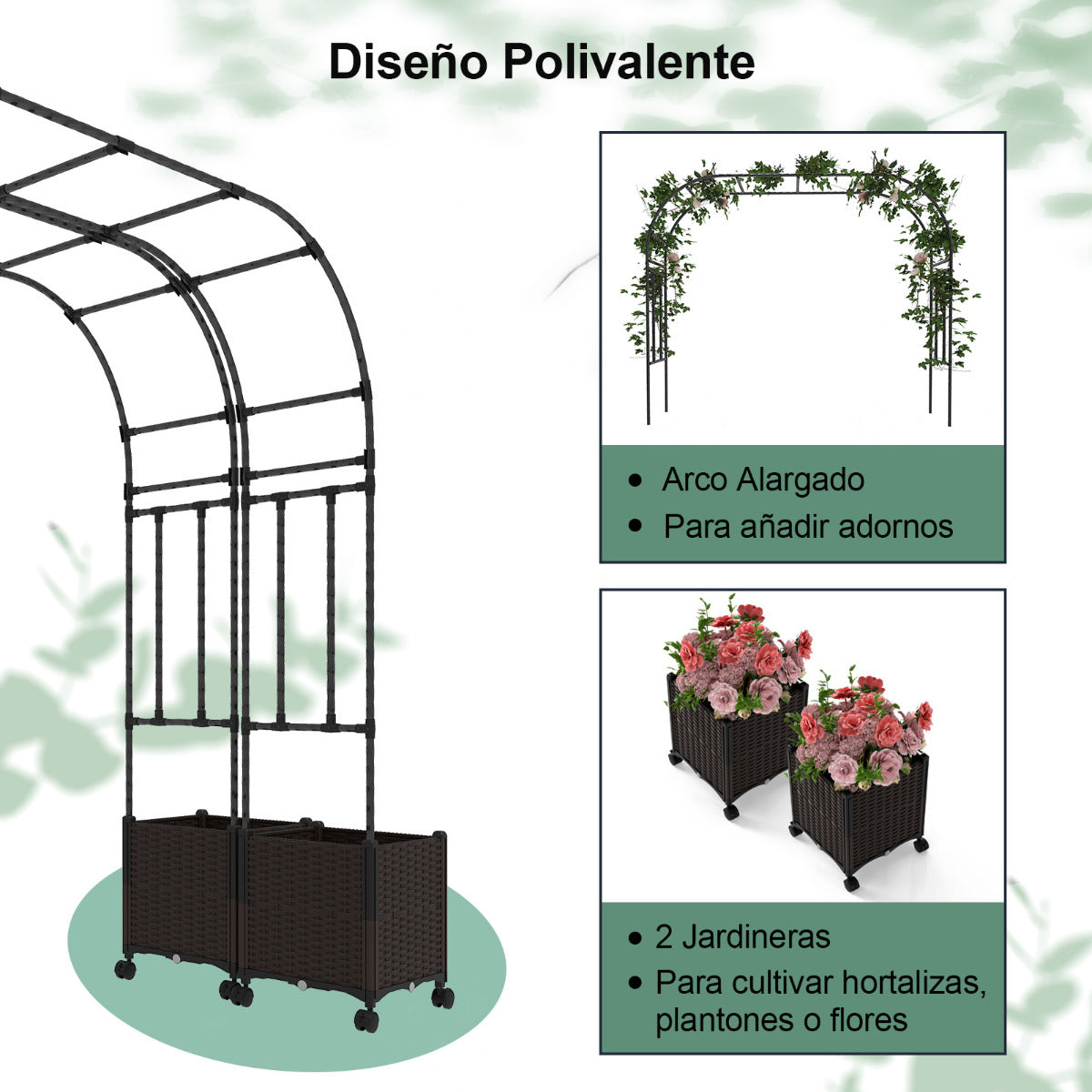 Arco de Jardín de 288 cm con 2 Cajas de Plantas Pérgola Exterior para Plantas Trepadoras con Sistema de Autoriego Agujeros de Drenaje