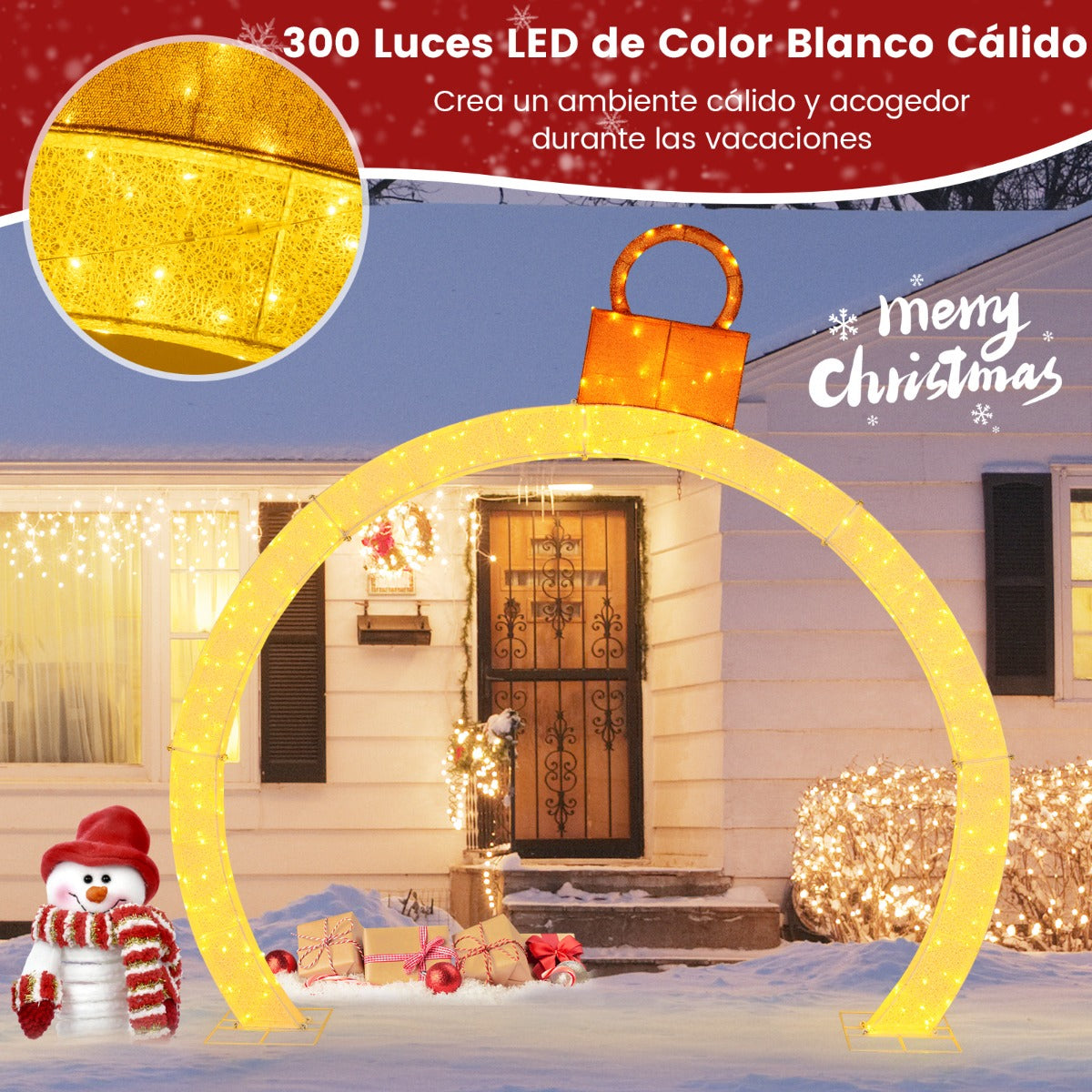 Arco Navideño Iluminado de 314 cm Arco Decoración Festiva con Adorno Dorado 300 Luces LED Blancas Cálidas Exhibición para Jardín o Césped