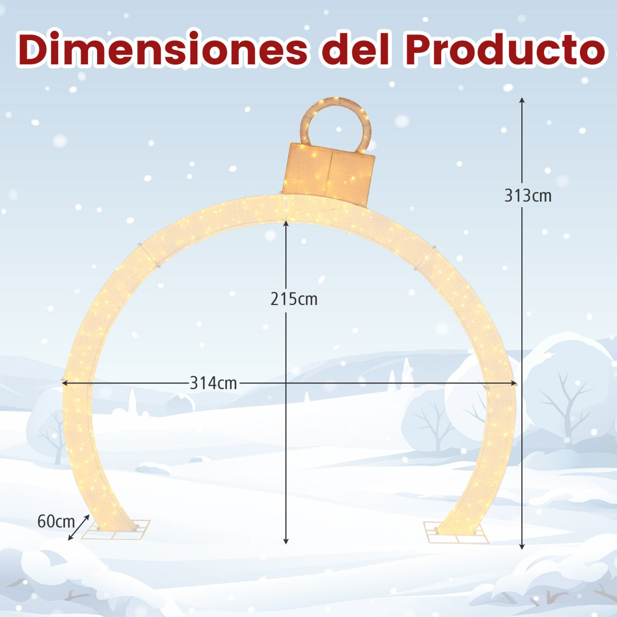 Arco Navideño Iluminado de 314 cm Arco Decoración Festiva con Adorno Dorado 300 Luces LED Blancas Cálidas Exhibición para Jardín o Césped