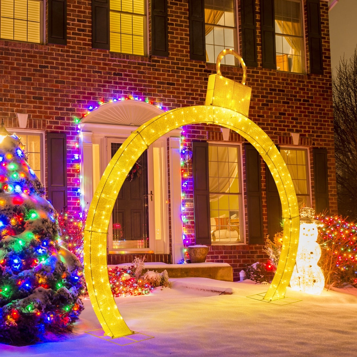 Arco Navideño Iluminado de 314 cm Arco Decoración Festiva con Adorno Dorado 300 Luces LED Blancas Cálidas Exhibición para Jardín o Césped