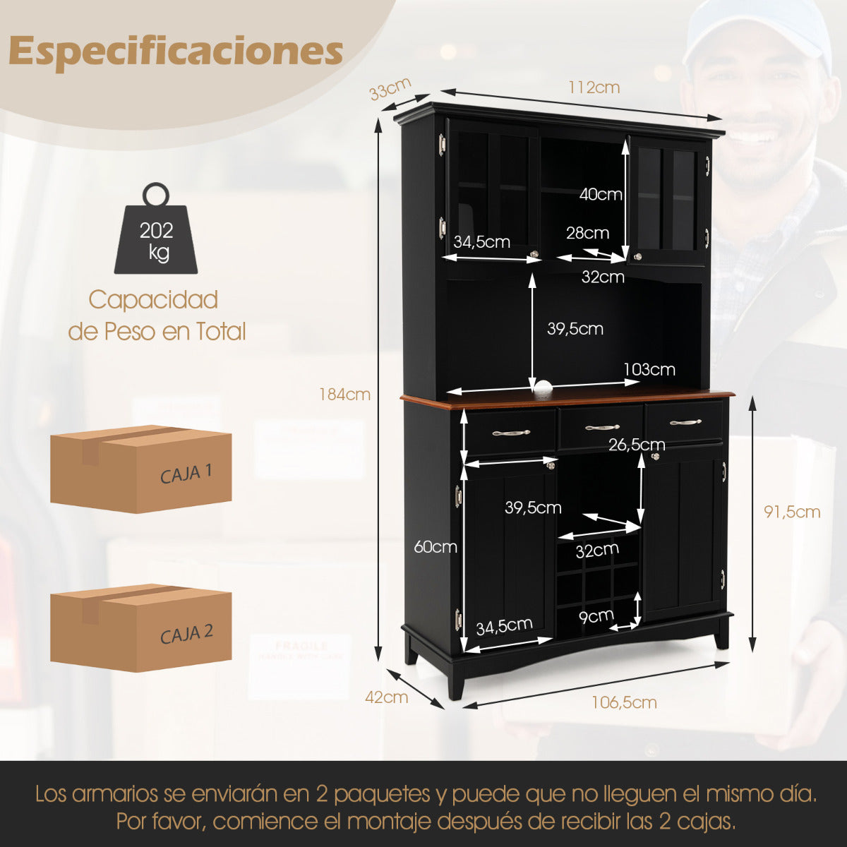 Armario Alacena de Cocina Aparador Comedor con Vitrina de Vidrio Templado Porta Botellas de Vino Estantes Ajustables con 3 Cajones Negro