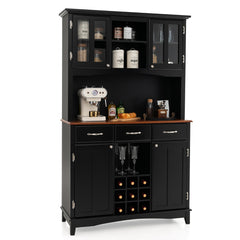 Armario Alacena de Cocina Aparador Comedor con Vitrina de Vidrio Templado Porta Botellas de Vino Estantes Ajustables con 3 Cajones Negro
