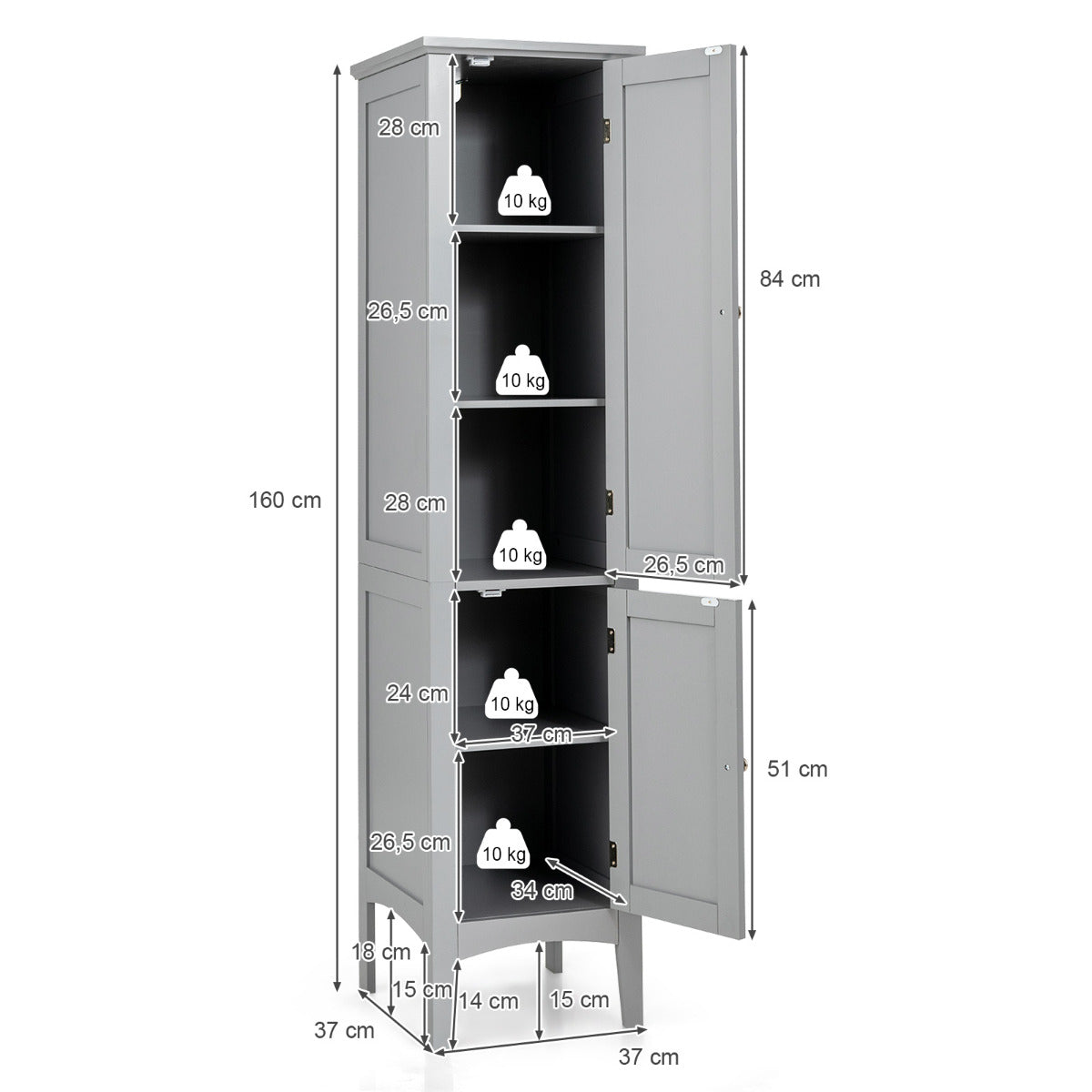 Armario Alto de Baño con 5 Niveles de Almacenamiento Gabinete Independiente Organizador Estrecho para Cocina 37 x 37 x 160 cm Gris