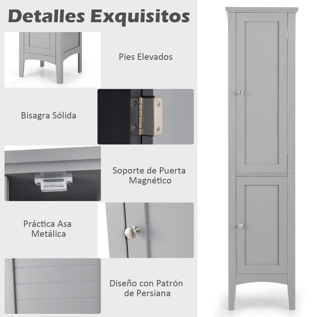 Armario Alto de Baño con 5 Niveles de Almacenamiento Gabinete Independiente Organizador Estrecho para Cocina 37 x 37 x 160 cm Gris