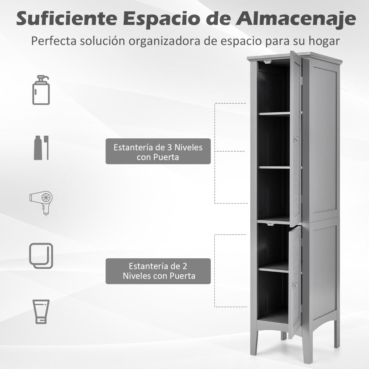 Armario Alto de Baño con 5 Niveles de Almacenamiento Gabinete Independiente Organizador Estrecho para Cocina 37 x 37 x 160 cm Gris