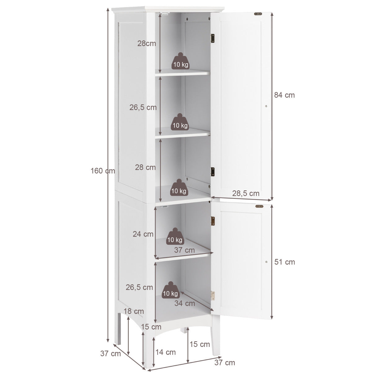 Armario Alto de Baño con 5 Niveles de Almacenamiento Gabinete Independiente Organizador Estrecho para Cocina 37 x 37 x 160 cm Blanco