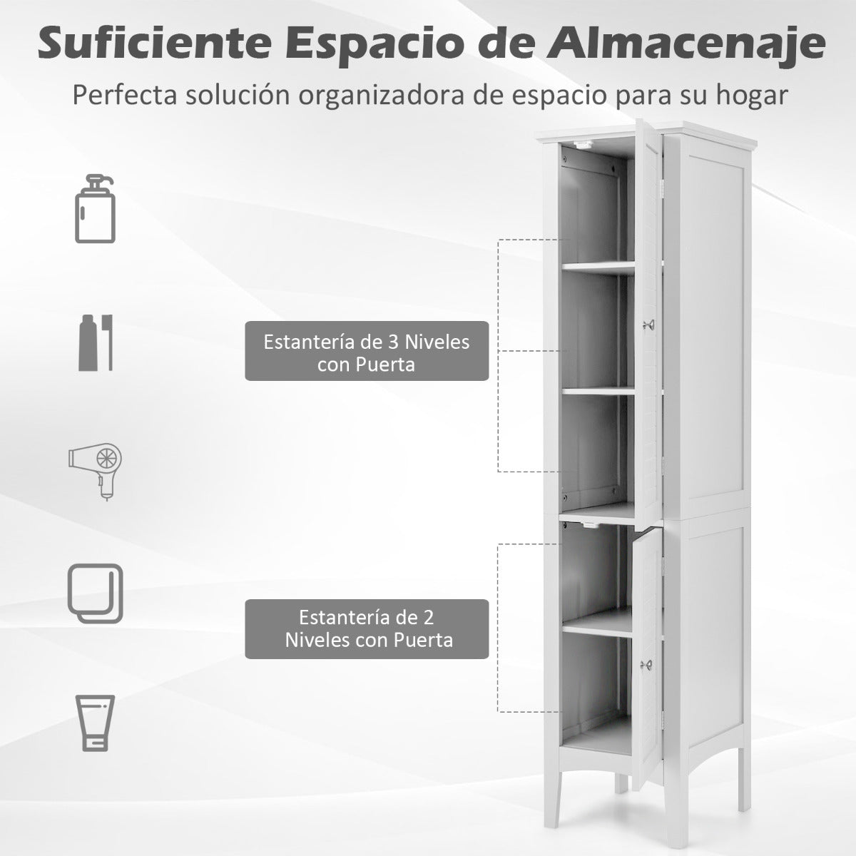 Armario Alto de Baño con 5 Niveles de Almacenamiento Gabinete Independiente Organizador Estrecho para Cocina 37 x 37 x 160 cm Blanco