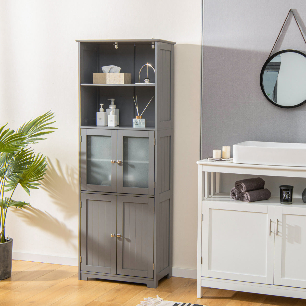 Armario Alto de Baño con 2 Puertas Cajón Estantes Ajustables Armario Independiente para Sala Dormitorio Cocina 60 x 30 x 163 cm Gris