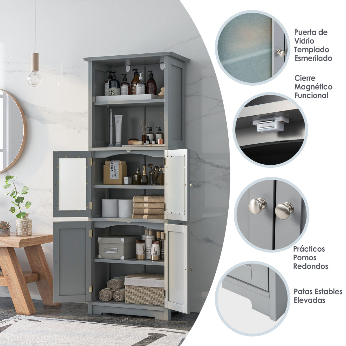 Armario Alto de Baño con 2 Puertas Cajón Estantes Ajustables Armario Independiente para Sala Dormitorio Cocina 60 x 30 x 163 cm Gris