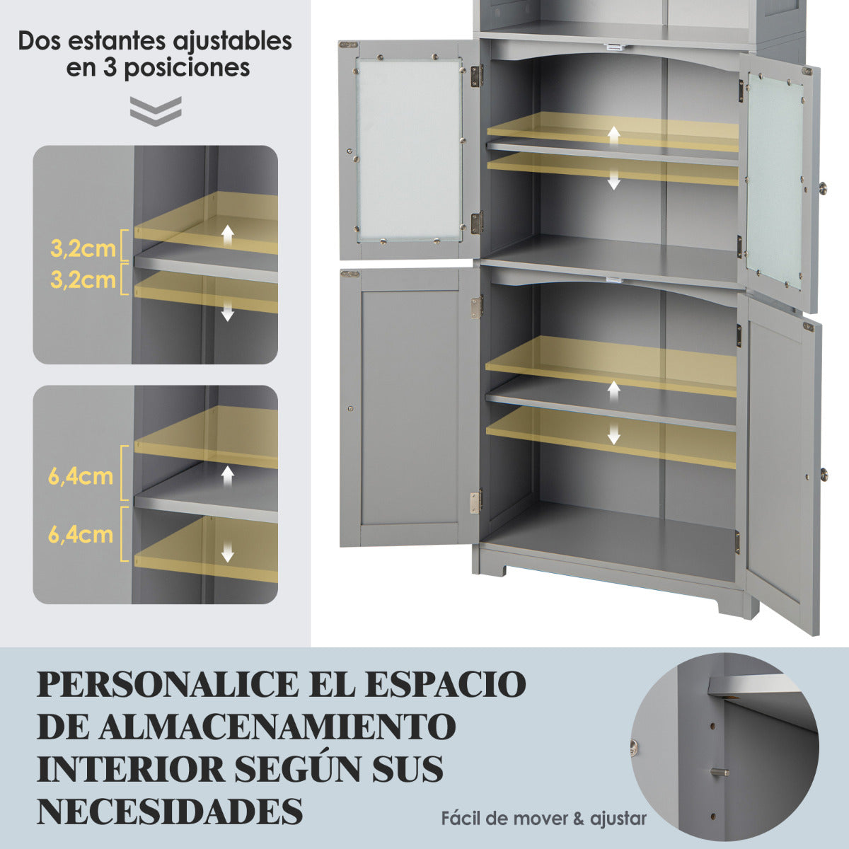 Armario Alto de Baño con 2 Puertas Cajón Estantes Ajustables Armario Independiente para Sala Dormitorio Cocina 60 x 30 x 163 cm Gris