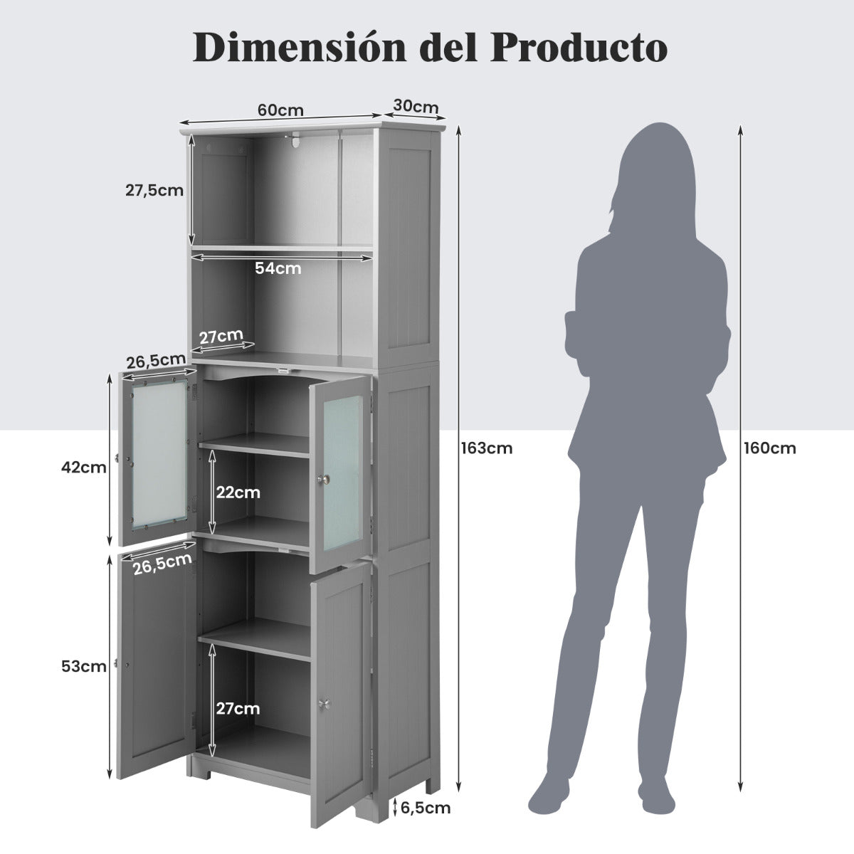 Armario Alto de Baño con 2 Puertas Cajón Estantes Ajustables Armario Independiente para Sala Dormitorio Cocina 60 x 30 x 163 cm Gris