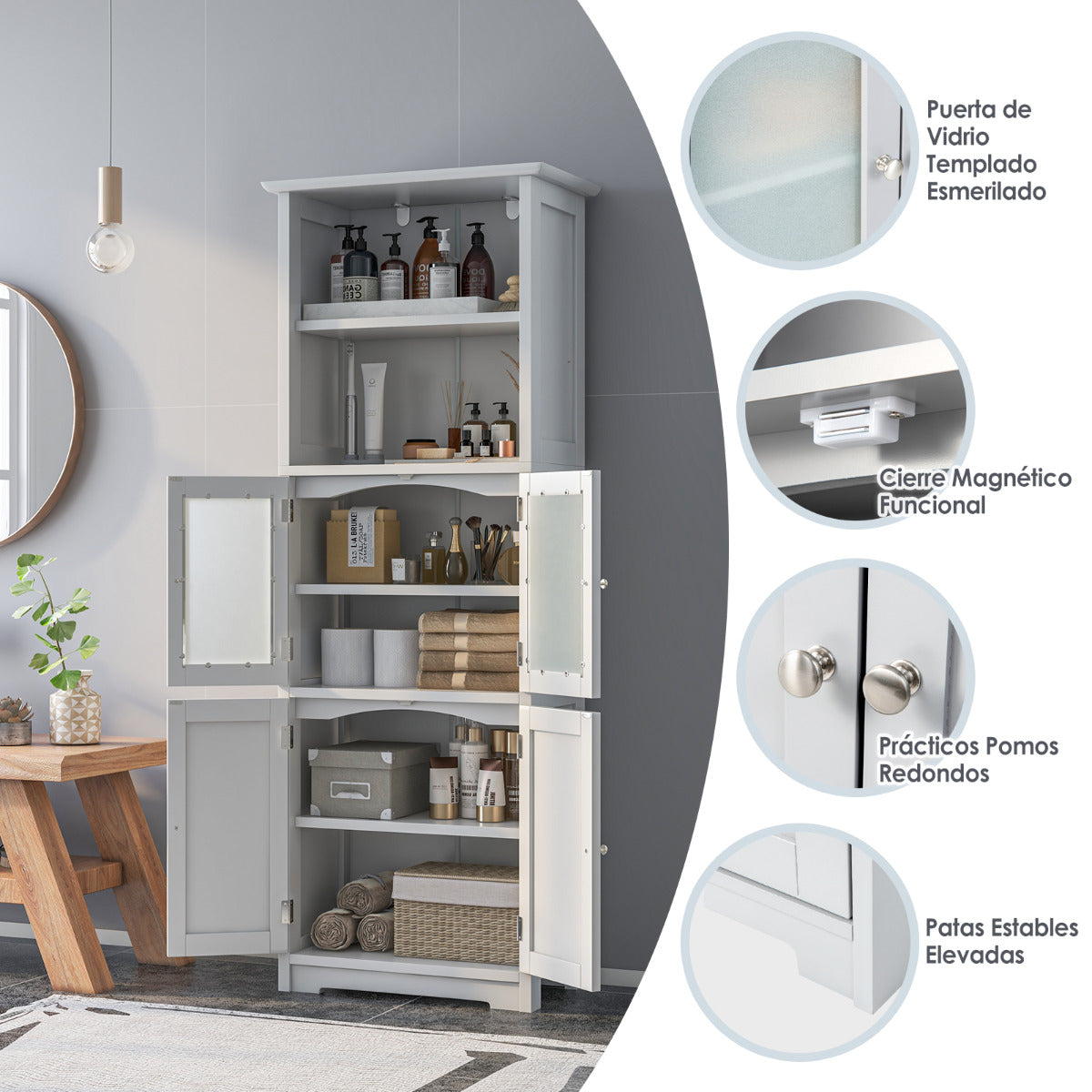 Armario Alto de Baño con 2 Puertas Cajón Estantes Ajustables Armario Independiente para Sala Dormitorio Cocina 60 x 30 x 163 cm Blanco