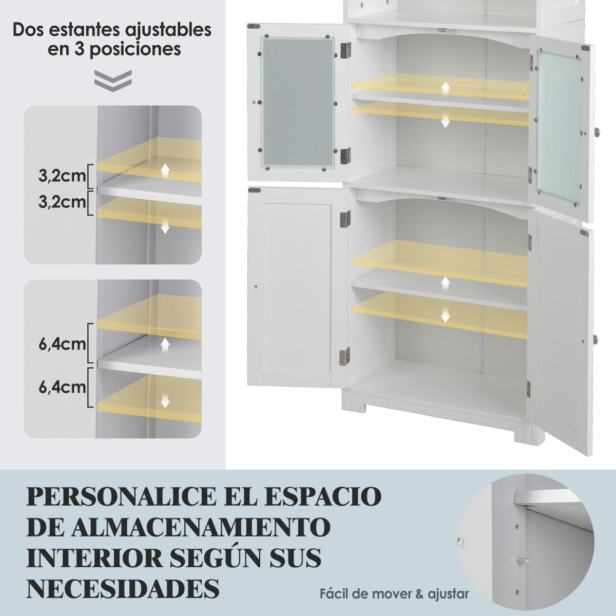 Armario Alto de Baño con 2 Puertas Cajón Estantes Ajustables Armario Independiente para Sala Dormitorio Cocina 60 x 30 x 163 cm Blanco