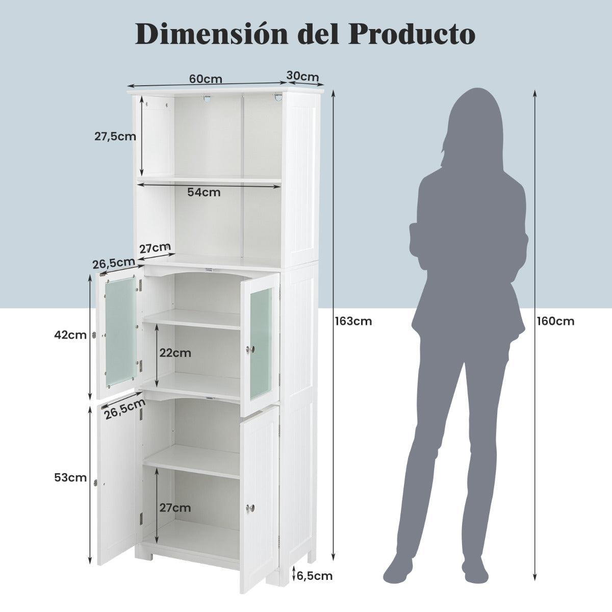 Armario Alto de Baño con 2 Puertas Cajón Estantes Ajustables Armario Independiente para Sala Dormitorio Cocina 60 x 30 x 163 cm Blanco