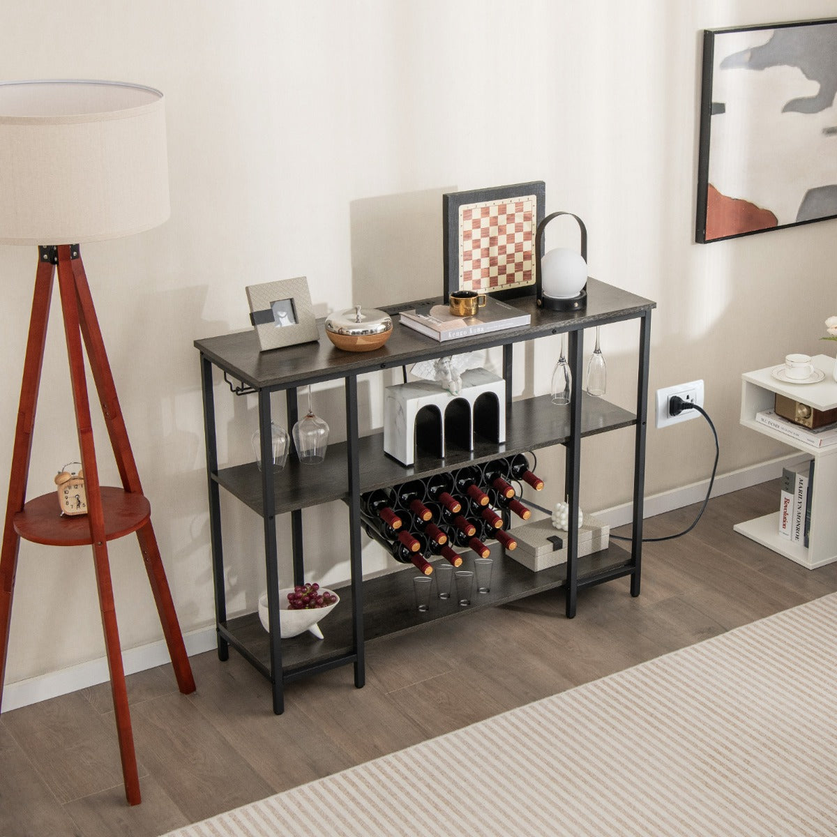 Armario Bar de Vinos con Estación de Carga 2 Portavasos para 15 Botellas Estantes Industrial para Hogar Cocina 113 x 35 x 85 cm Gris