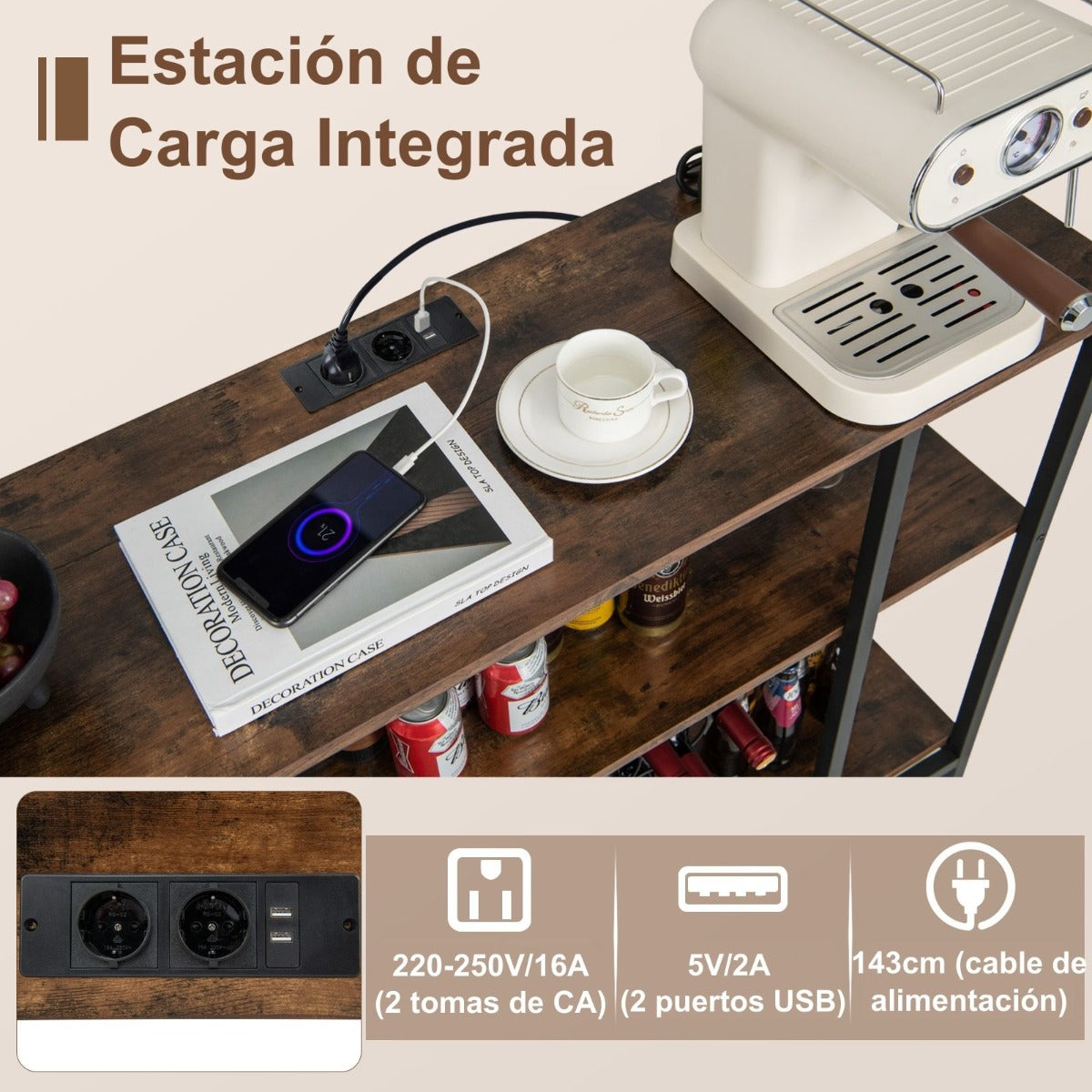 Armario Bar de Vinos con Estación de Carga 2 Portavasos para 15 Botellas Estantes Industrial para Hogar Cocina 113 x 35 x 85 cm Gris