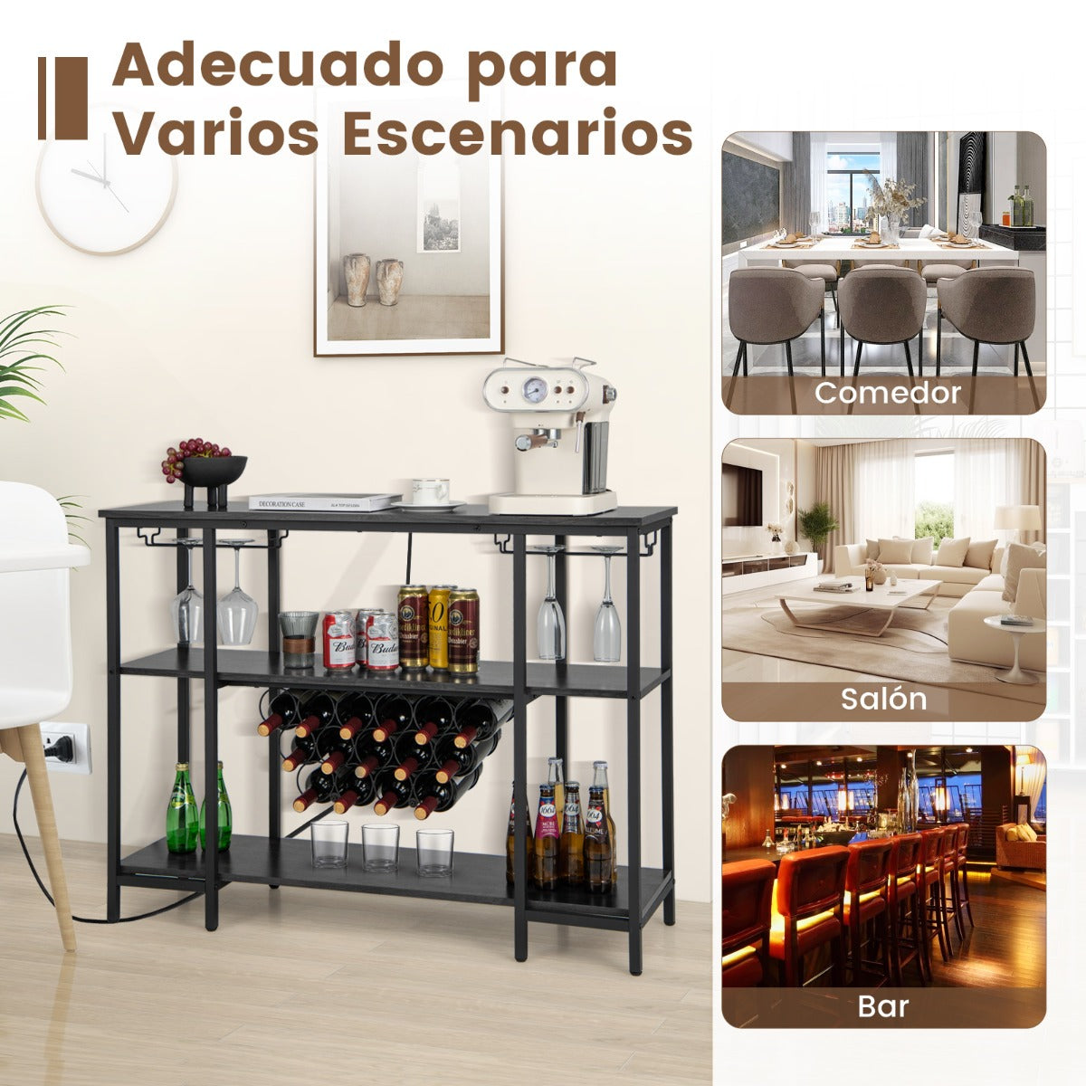 Armario Bar de Vinos con Estación de Carga 2 Portavasos para 15 Botellas Estantes Industrial para Hogar Cocina 113 x 35 x 85 cm Gris