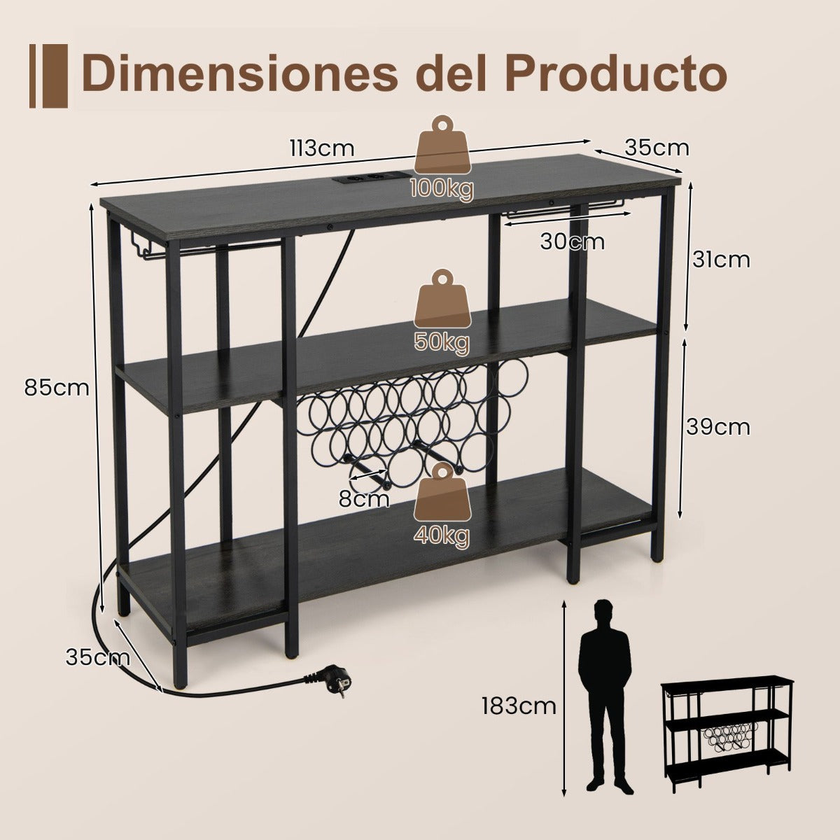 Armario Bar de Vinos con Estación de Carga 2 Portavasos para 15 Botellas Estantes Industrial para Hogar Cocina 113 x 35 x 85 cm Gris
