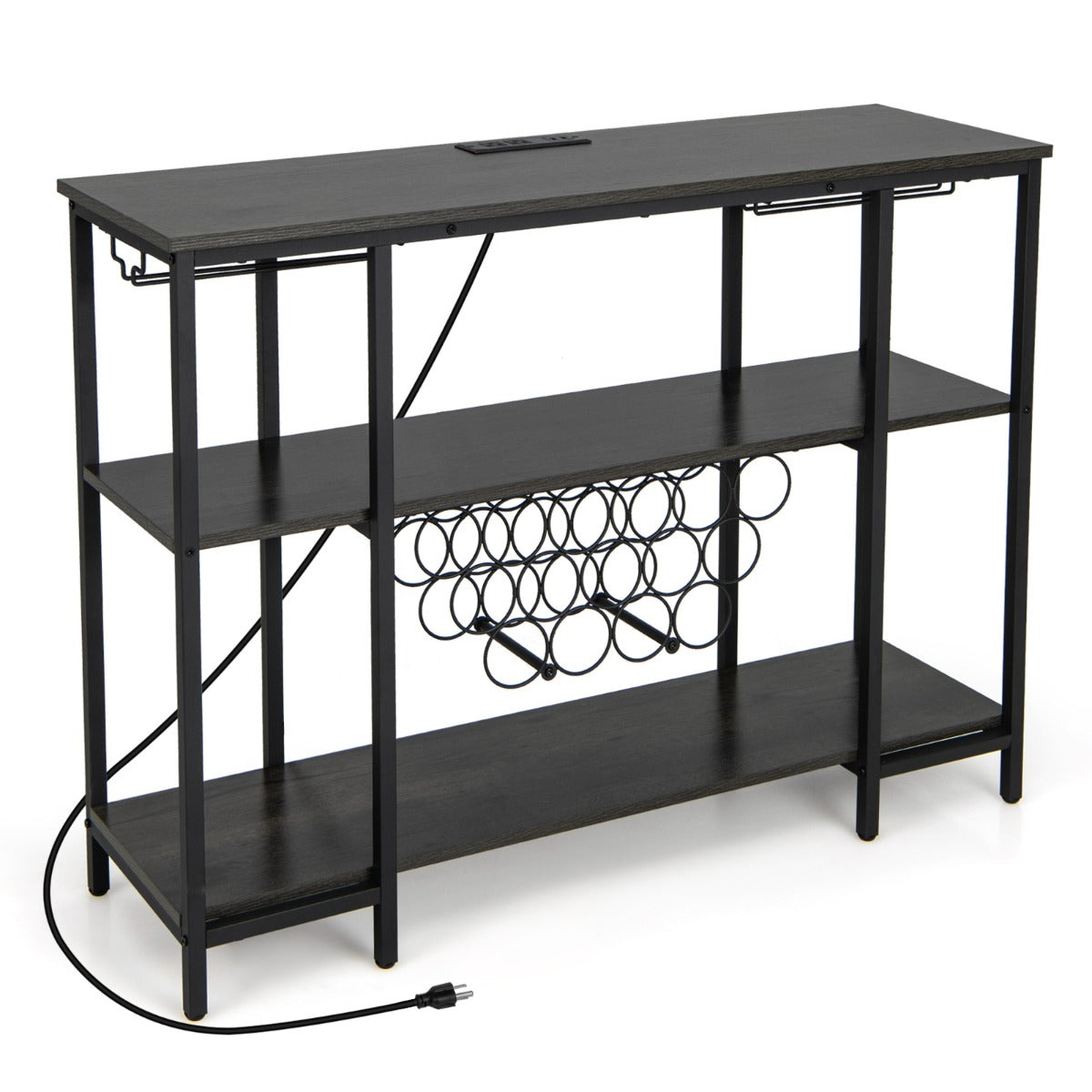 Armario Bar de Vinos con Estación de Carga 2 Portavasos para 15 Botellas Estantes Industrial para Hogar Cocina 113 x 35 x 85 cm Gris