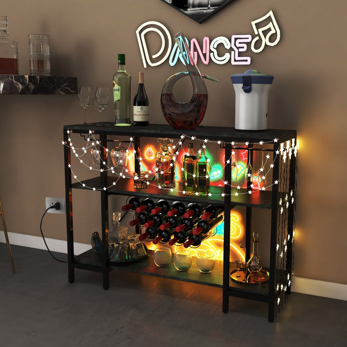 Armario Bar de Vinos con Estación de Carga 2 Portavasos para 15 Botellas Estantes Industrial para Hogar Cocina 113 x 35 x 85 cm Gris