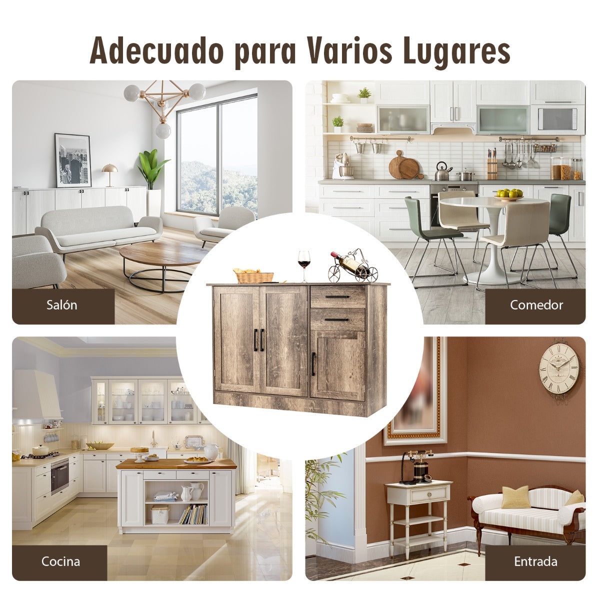 Aparador Cocina Armario Buffet con 2 Cajones 3 Puertas 1 Estante Ajustable Aparador para Comedor Salón Entrada 110 x 40 x 78 cm Gris