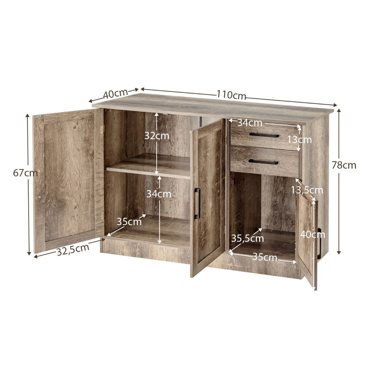 Aparador Cocina Armario Buffet con 2 Cajones 3 Puertas 1 Estante Ajustable Aparador para Comedor Salón Entrada 110 x 40 x 78 cm Gris
