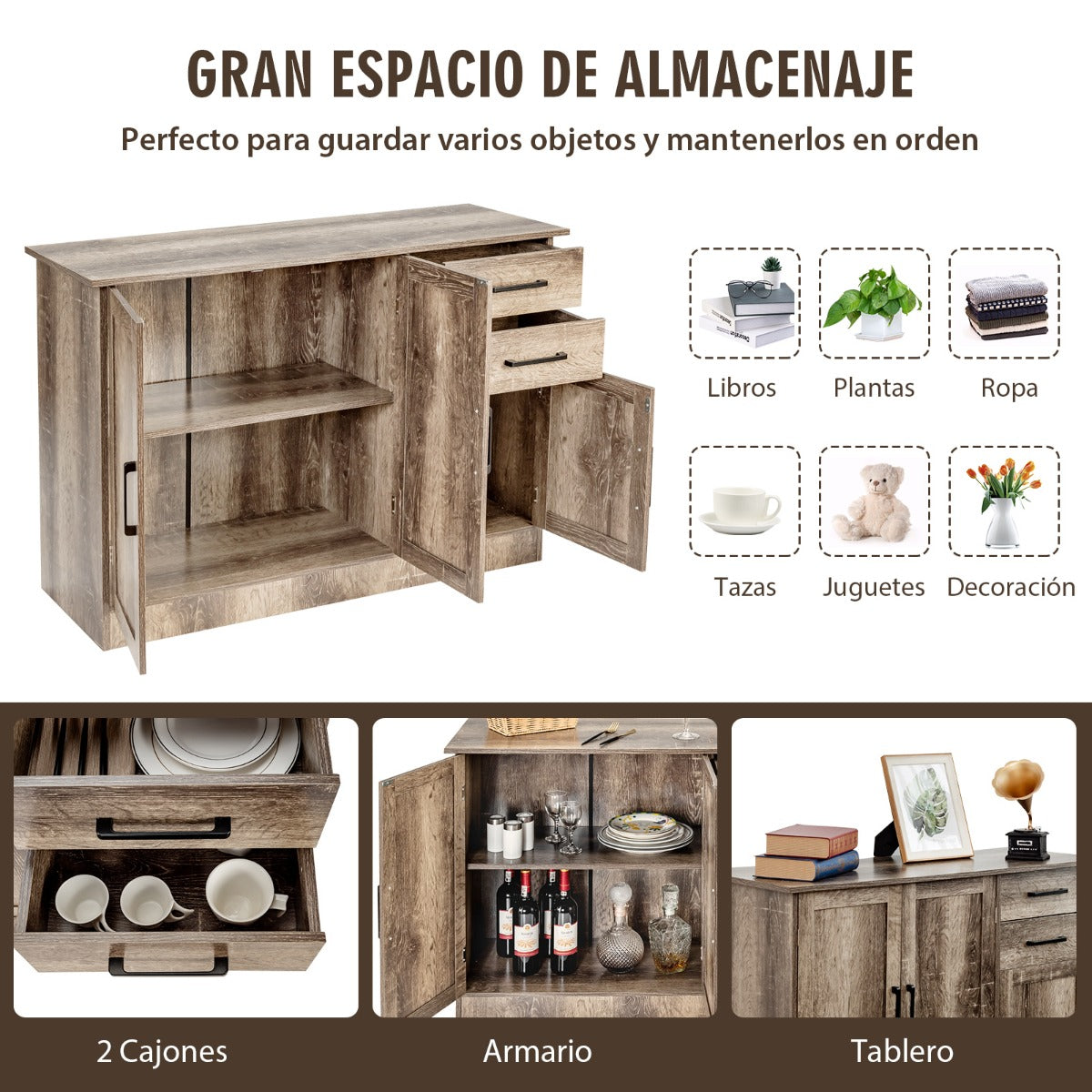 Aparador Cocina Armario Buffet con 2 Cajones 3 Puertas 1 Estante Ajustable Aparador para Comedor Salón Entrada 110 x 40 x 78 cm Gris