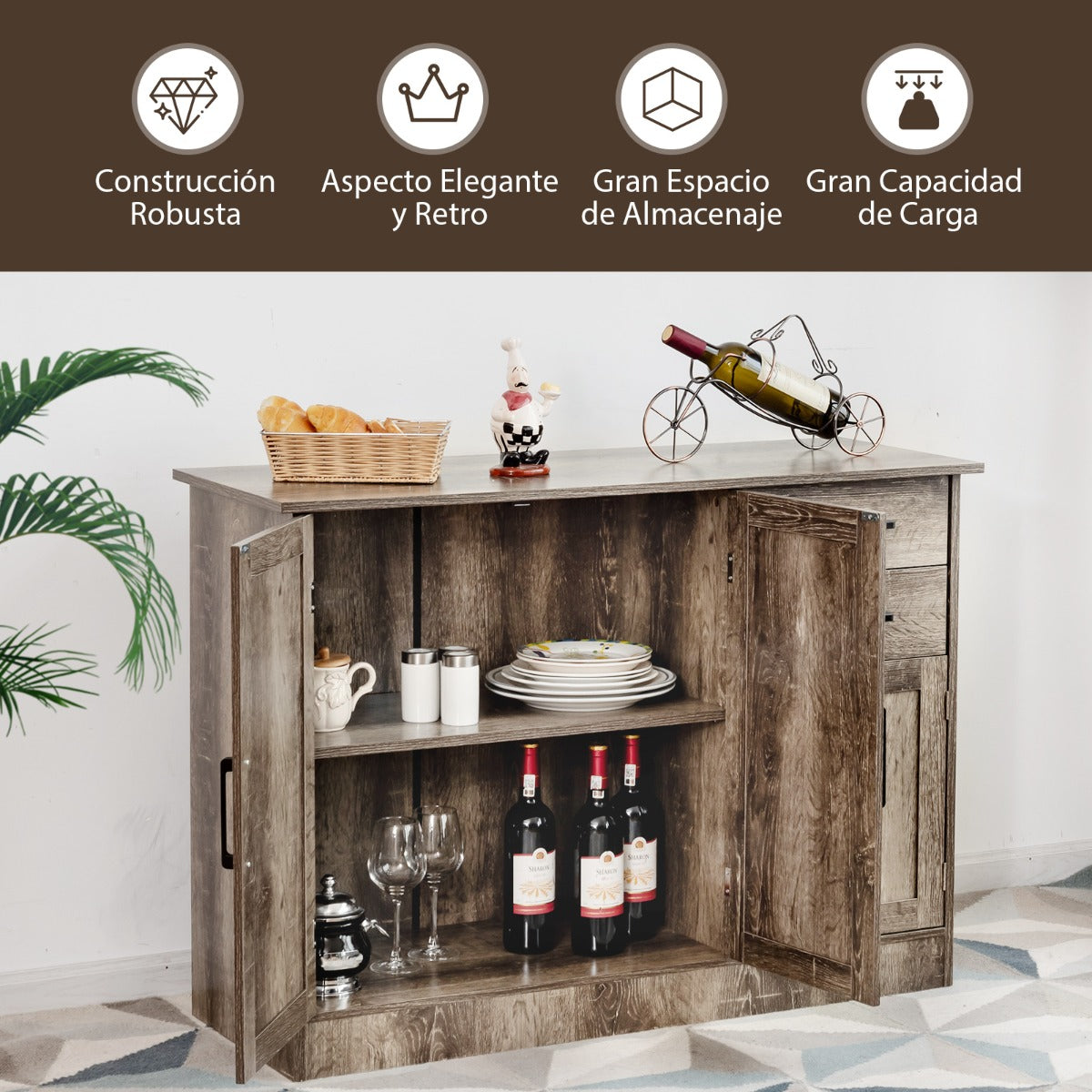 Aparador Cocina Armario Buffet con 2 Cajones 3 Puertas 1 Estante Ajustable Aparador para Comedor Salón Entrada 110 x 40 x 78 cm Gris