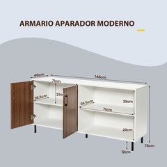 Armario Buffet Moderno con Puertas y Compartimentos Abiertos Patas de Metal Armario Aparador para Cocina Comedor 148 x 40 x 75 cm Nogal