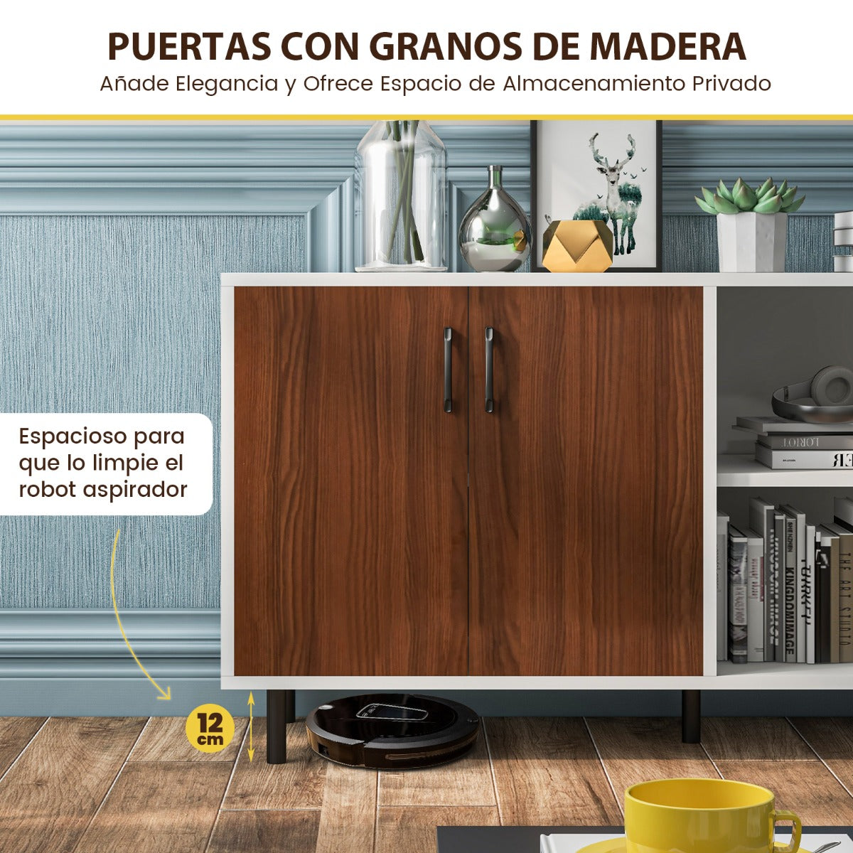 Armario Buffet Moderno con Puertas y Compartimentos Abiertos Patas de Metal Armario Aparador para Cocina Comedor 148 x 40 x 75 cm Nogal