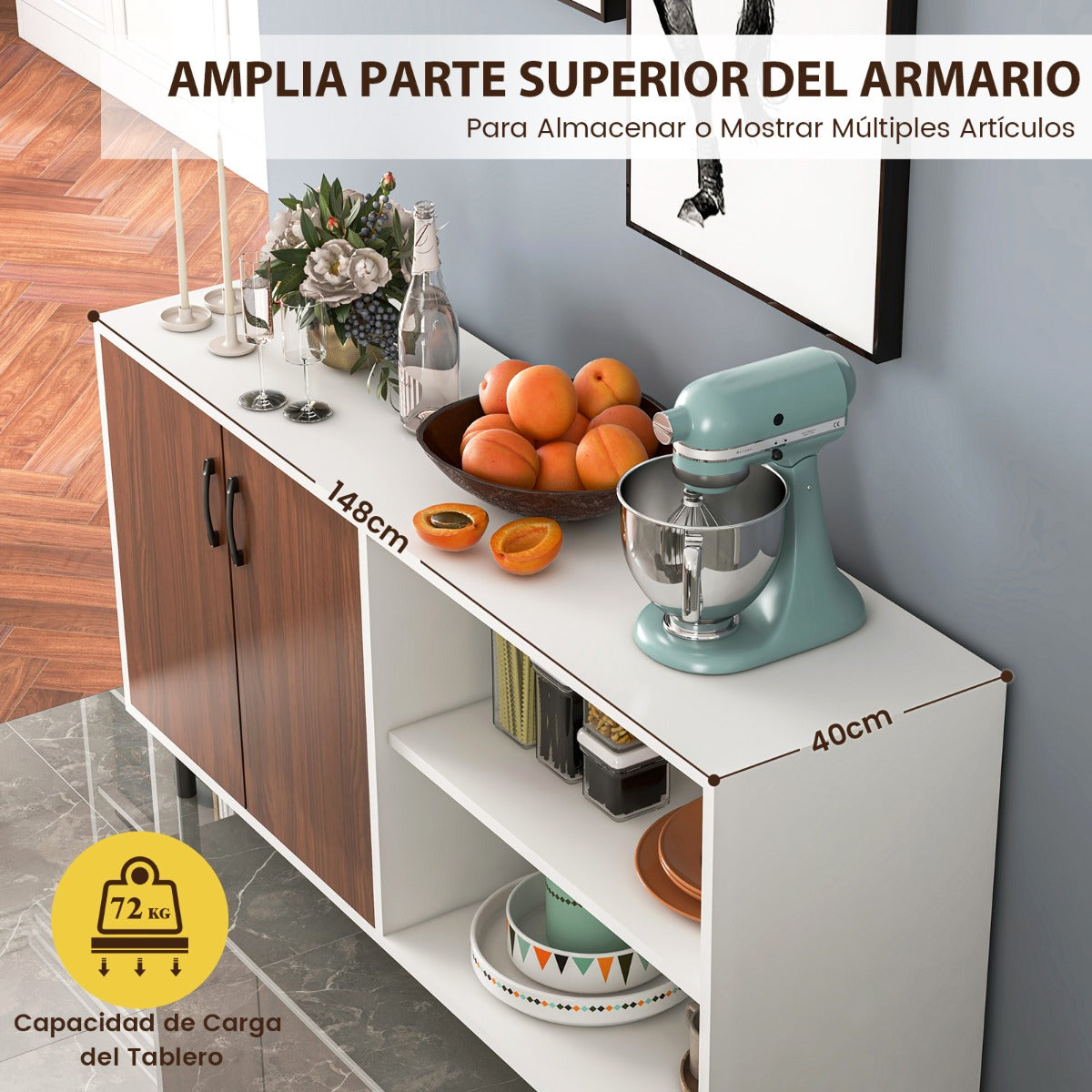 Armario Buffet Moderno con Puertas y Compartimentos Abiertos Patas de Metal Armario Aparador para Cocina Comedor 148 x 40 x 75 cm Nogal
