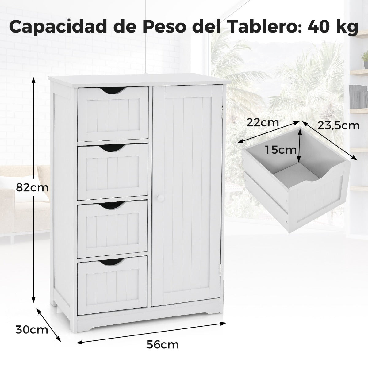 Armario con 4 Cajones y Estante Ajustable Mueble de Almacenamiento Independiente 56 x 30 x 82 cm-Blanco