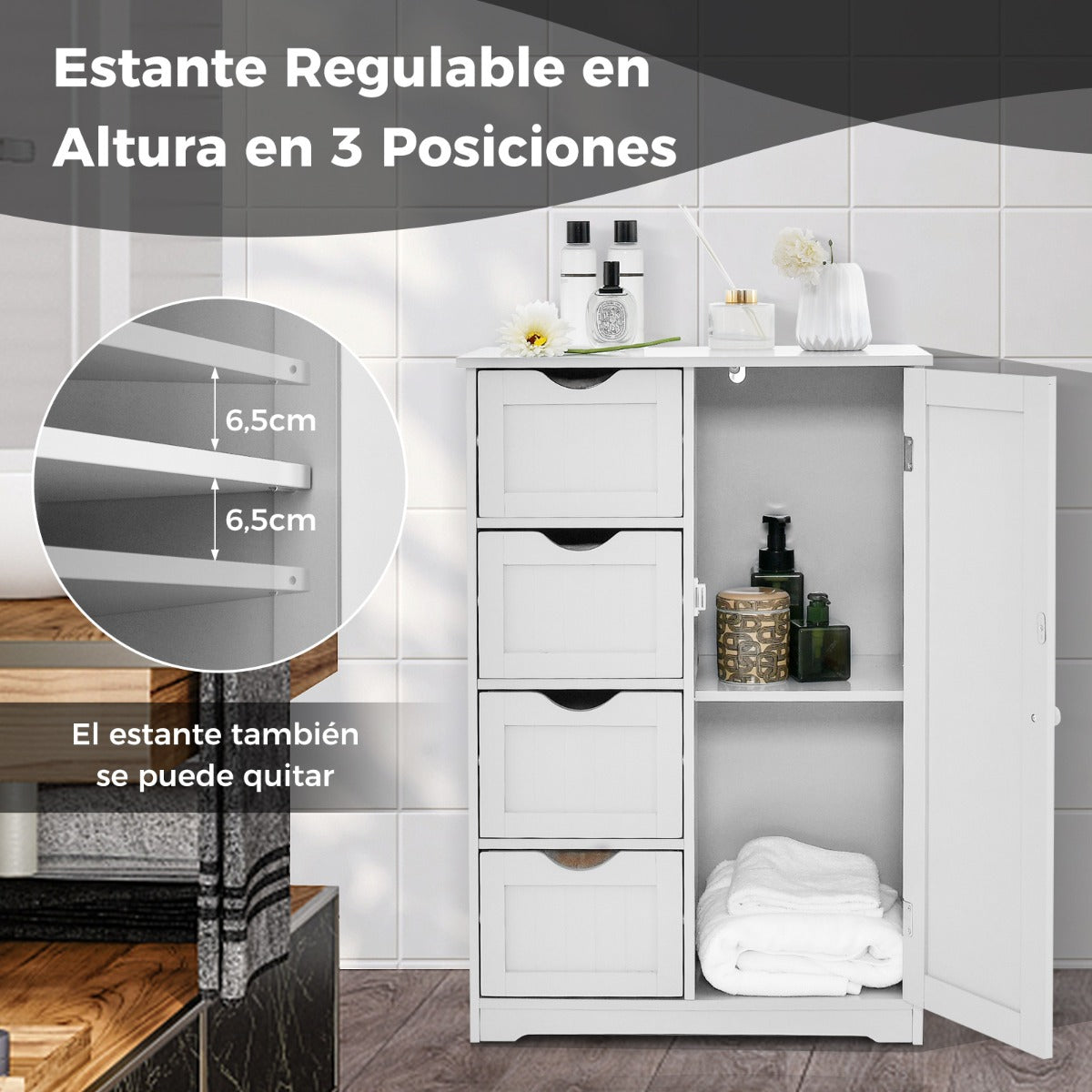 Armario con 4 Cajones y Estante Ajustable Mueble de Almacenamiento Independiente 56 x 30 x 82 cm-Blanco