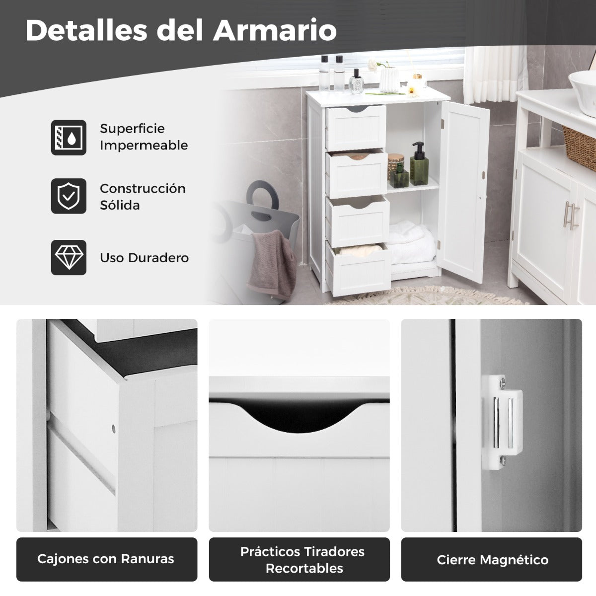 Armario con 4 Cajones y Estante Ajustable Mueble de Almacenamiento Independiente 56 x 30 x 82 cm-Blanco