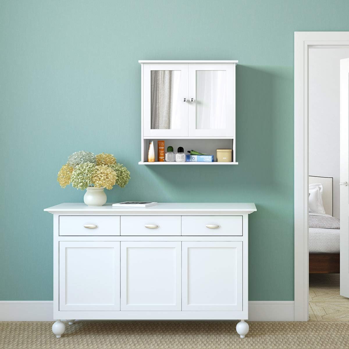 Armario con Espejo de pared con puertas dobles 3 estantes 56.5x13.5x58.5cm Blanco
