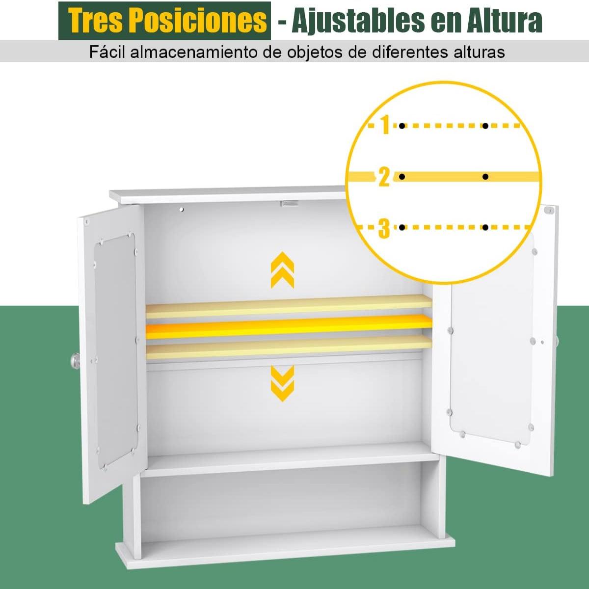 Armario con Espejo de pared con puertas dobles 3 estantes 56.5x13.5x58.5cm Blanco