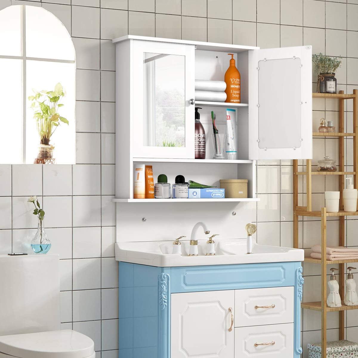 Armario con Espejo de pared con puertas dobles 3 estantes 56.5x13.5x58.5cm Blanco