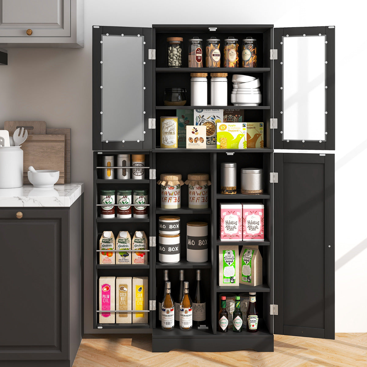 Armario de Almacenamiento para Despensa de Cocina con Puertas de Cristal Estantes Adicionales para Puertas Independiente para Comedor Negro